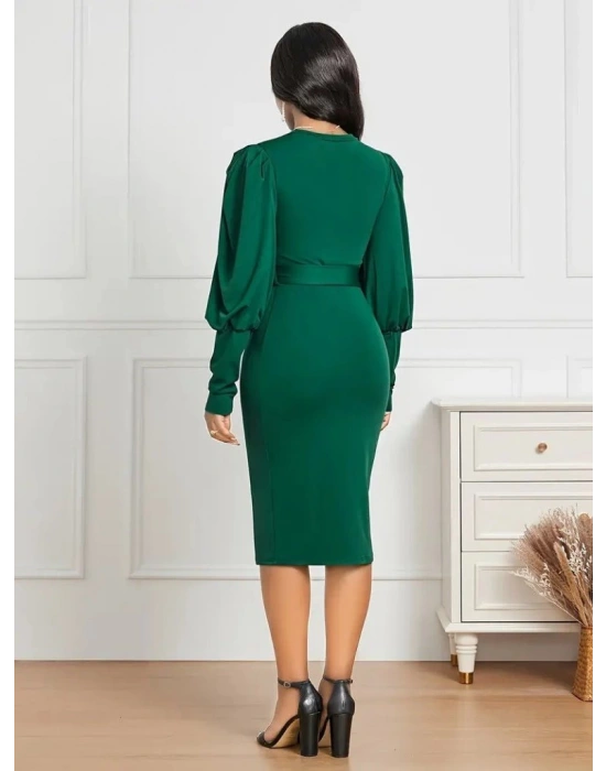 Kadın Uzun Kollu Bisiklet Yaka Beli Kuşaklı Ithal Krep Midi Elbise