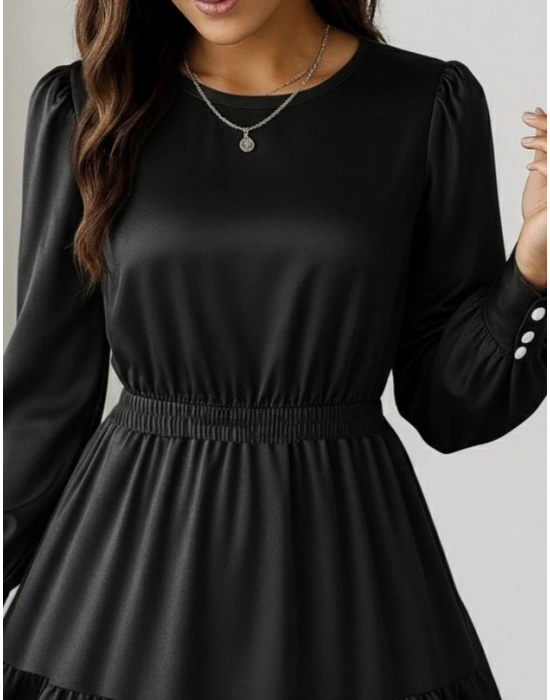 Kadın Uzun Kollu Bisiklet Yaka Beli Lastikli Fırfırlı Ithal Krep Elbise