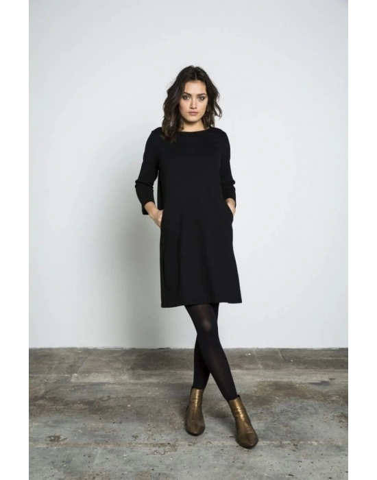 Kadın Uzun Kollu Bisiklet Yaka Cep Detay Etek Ucu Volanlı Iki Iplik Elbise