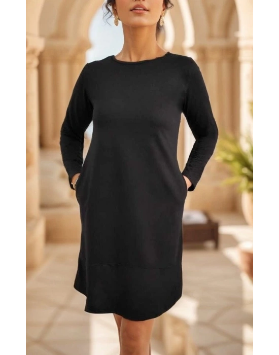 Kadın Uzun Kollu Bisiklet Yaka Cep Detay Etek Ucu Volanlı Iki Iplik Elbise