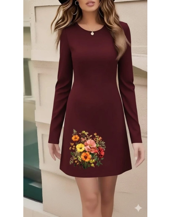 Kadın Uzun Kollu Bisiklet Yaka çiçek Desenli Mini Dalgıç Elbise