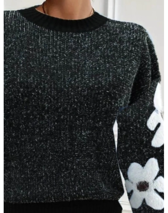 Kadın Uzun Kollu Bisiklet Yaka çiçek Desenli Triko Bluz