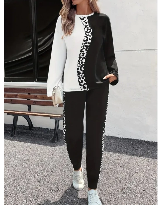 Kadın Uzun Kollu Bisiklet Yaka çift Renkli Viskon Iki Iplik Bluz Ve Pantolon Ikili Takım