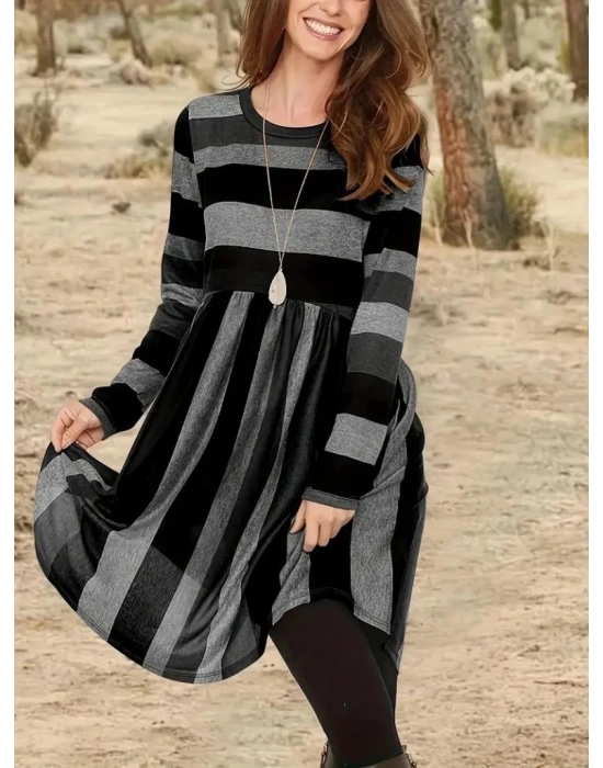 Kadın Uzun Kollu Bisiklet Yaka çizgili Desen Detaylı Süprem Mini Elbise