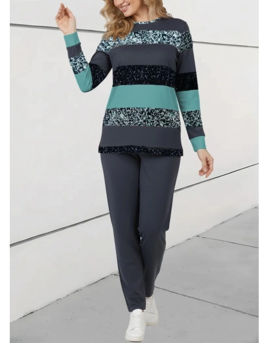 Kadın Uzun Kollu Bisiklet Yaka çizgili Desen Iki Iplik Bluz Ve Pantolon Ikili Takım