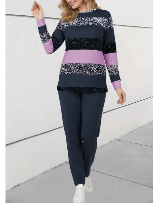 Kadın Uzun Kollu Bisiklet Yaka çizgili Desen Iki Iplik Bluz Ve Pantolon Ikili Takım