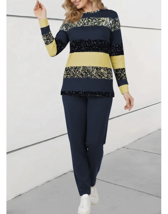 Kadın Uzun Kollu Bisiklet Yaka çizgili Desen Iki Iplik Bluz Ve Pantolon Ikili Takım