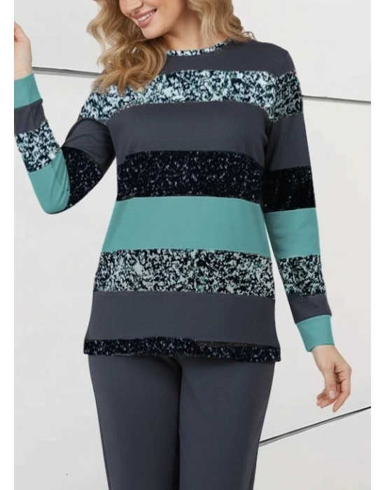 Kadın Uzun Kollu Bisiklet Yaka çizgili Desen Iki Iplik Bluz Ve Pantolon Ikili Takım