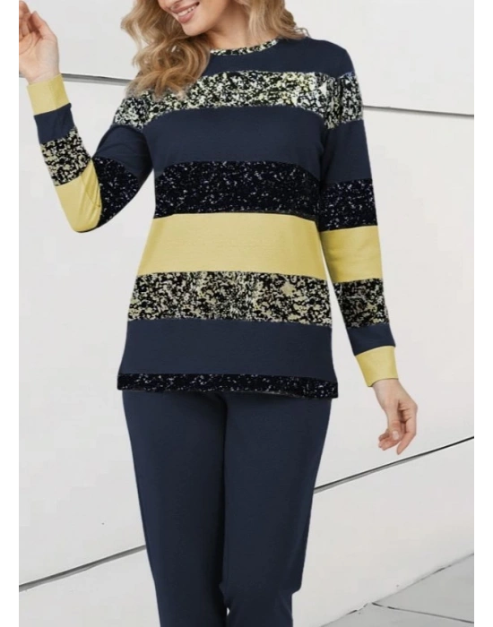 Kadın Uzun Kollu Bisiklet Yaka çizgili Desen Iki Iplik Bluz Ve Pantolon Ikili Takım