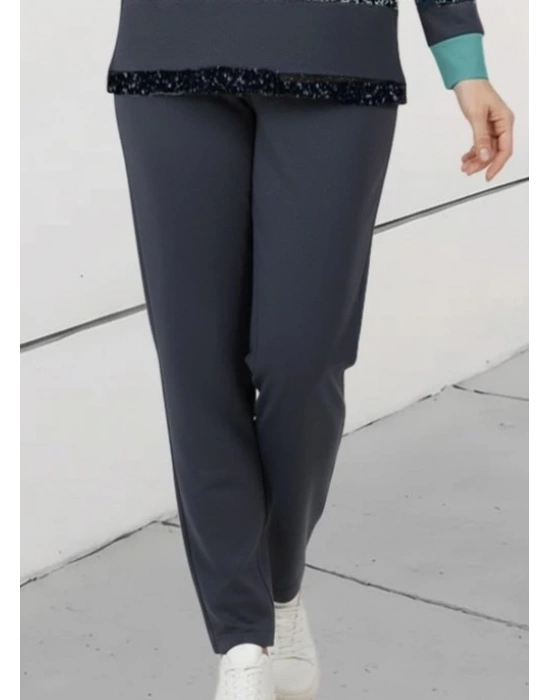 Kadın Uzun Kollu Bisiklet Yaka çizgili Desen Iki Iplik Bluz Ve Pantolon Ikili Takım