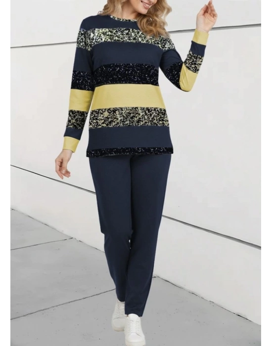 Kadın Uzun Kollu Bisiklet Yaka çizgili Desen Iki Iplik Bluz Ve Pantolon Ikili Takım