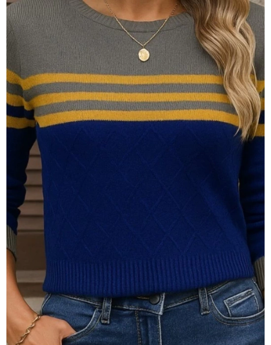 Kadın Uzun Kollu Bisiklet Yaka çok Renkli Triko Bluz