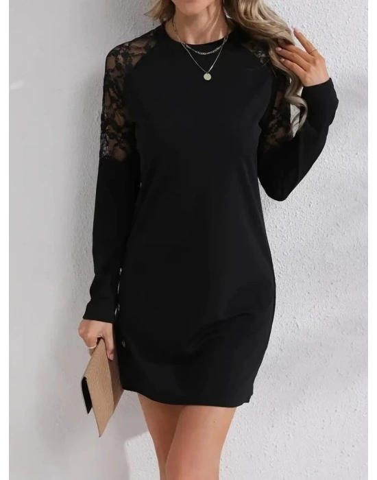 Kadın Uzun Kollu Bisiklet Yaka Dantel Detaylı Visk8n Iki Iplik Düğmeli Mini Elbise