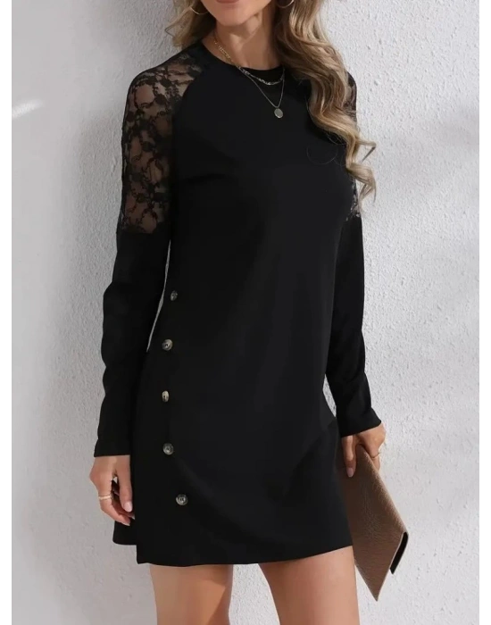 Kadın Uzun Kollu Bisiklet Yaka Dantel Detaylı Visk8n Iki Iplik Düğmeli Mini Elbise