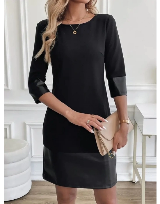Kadın Uzun Kollu Bisiklet Yaka Deri Detaylı Ithal Krep Elbise