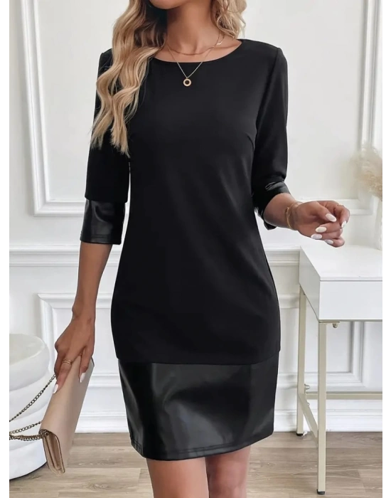 Kadın Uzun Kollu Bisiklet Yaka Deri Detaylı Ithal Krep Elbise