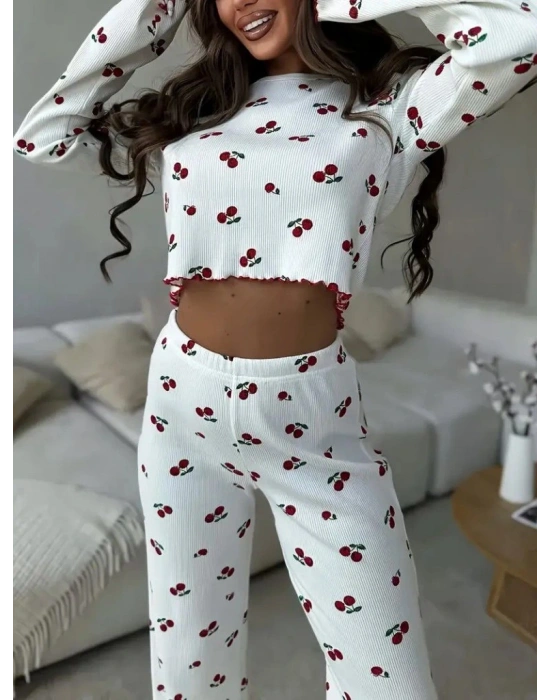 Kadın Uzun Kollu Bisiklet Yaka Desenli Burgu Bluz Ve Pijama Ikili Takım