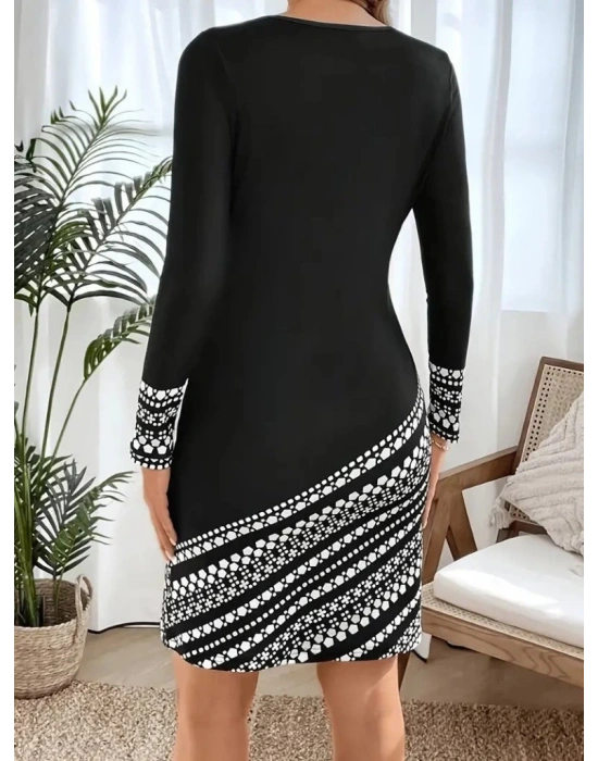 Kadın Uzun Kollu Bisiklet Yaka Desenli Dalgıç Elbise