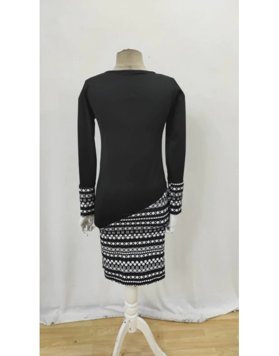 Kadın Uzun Kollu Bisiklet Yaka Desenli Dalgıç Elbise