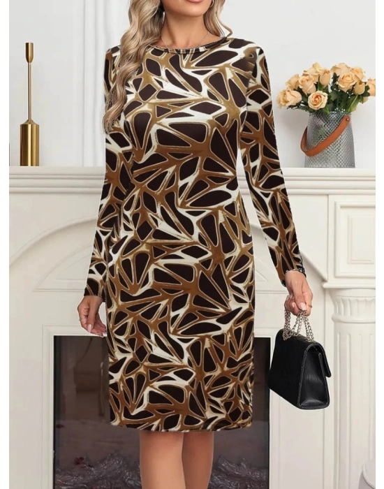 Kadın Uzun Kollu Bisiklet Yaka Desenli Dalgıç Kısa Elbise