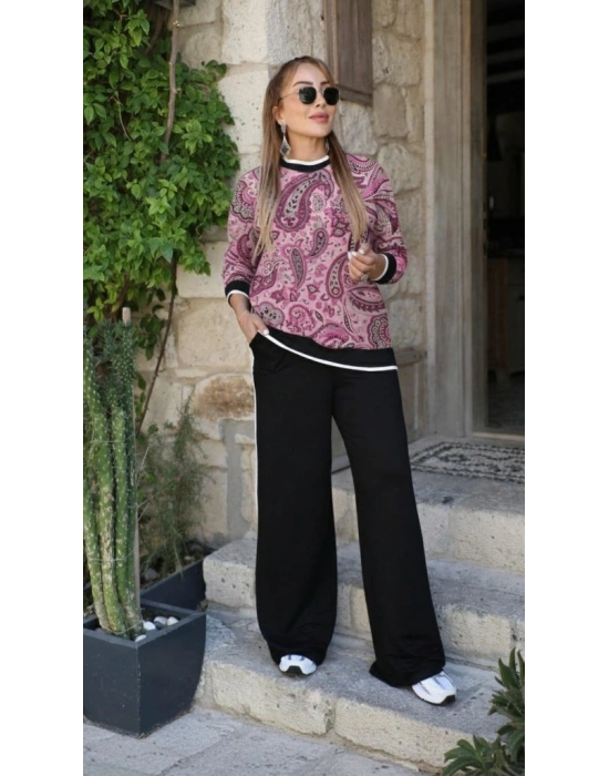 Kadın Uzun Kollu Bisiklet Yaka Desenli Iki Iplik Bluz Ve Viskon Iki Iplik Pantolon Ikili Takım