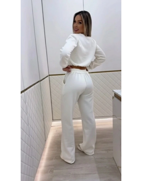 Kadın Uzun Kollu Bisiklet Yaka Desenli Iki Iplik şardonlu Bluz Ve Pantolon Ikili Takım