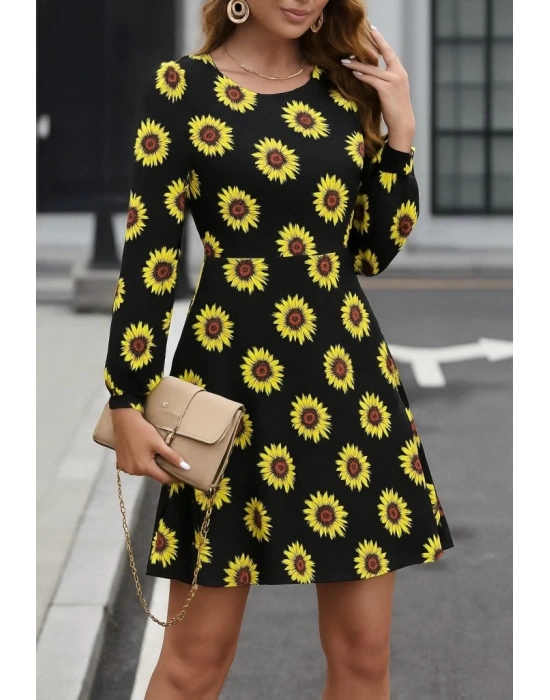 Kadın Uzun Kollu Bisiklet Yaka Desenli Kısa Krep Elbise