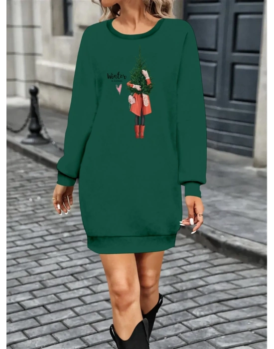 Kadın Uzun Kollu Bisiklet Yaka Desenli Kısa Viskon Iki Iplik Elbise