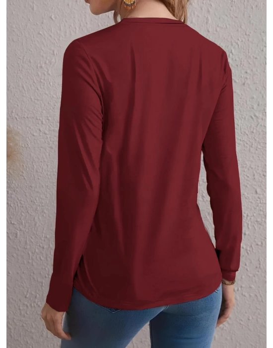 Kadın Uzun Kollu Bisiklet Yaka Desenli Viskon Bluz