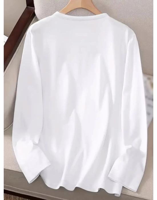 Kadın Uzun Kollu Bisiklet Yaka Desenli Viskon Bluz