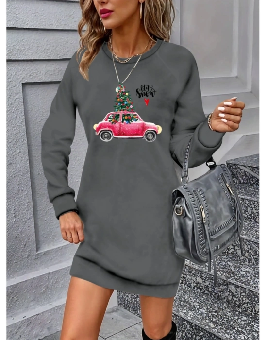 Kadın Uzun Kollu Bisiklet Yaka Desenli Viskon Iki Iplik Elbise