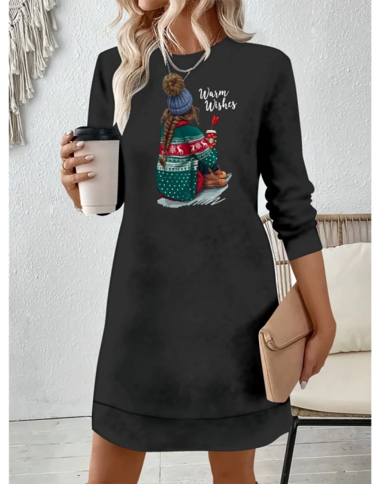 Kadın Uzun Kollu Bisiklet Yaka Desenli Viskon Iki Iplik Elbise