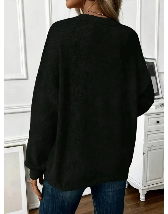 Kadın Uzun Kollu Bisiklet Yaka Düşük Omuz Detaylı Triko Bluz