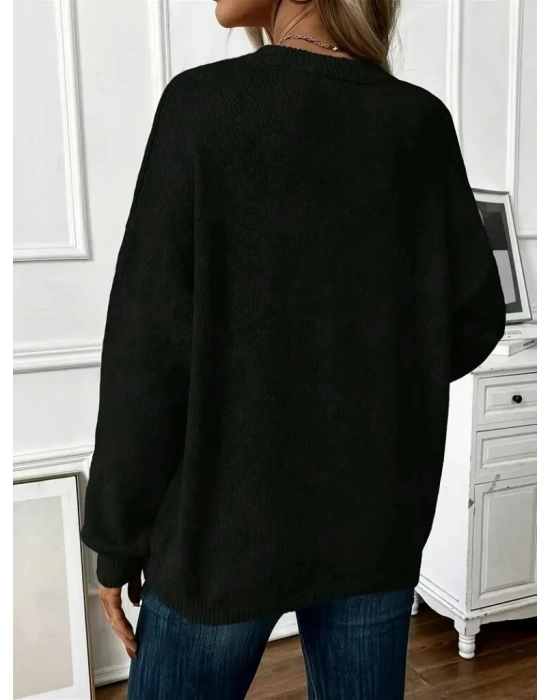 Kadın Uzun Kollu Bisiklet Yaka Düşük Omuz Detaylı Triko Bluz