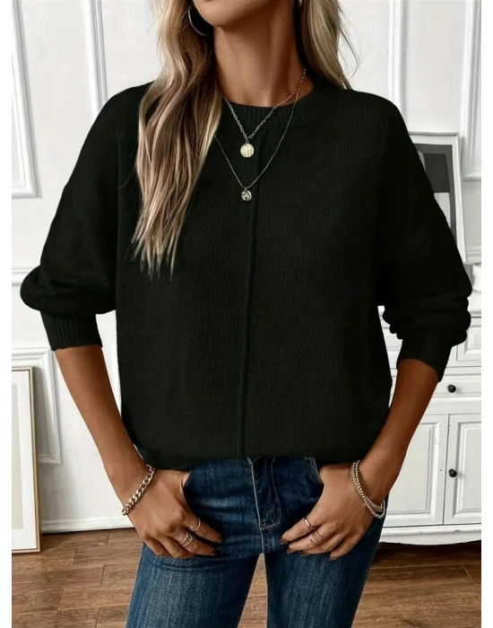 Kadın Uzun Kollu Bisiklet Yaka Düşük Omuz Detaylı Triko Bluz