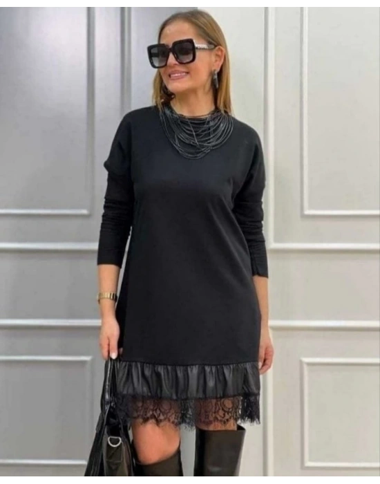 Kadın Uzun Kollu Bisiklet Yaka Etek Ucu Deri Dantelli Viskon Iki Iplik Midi Elbise