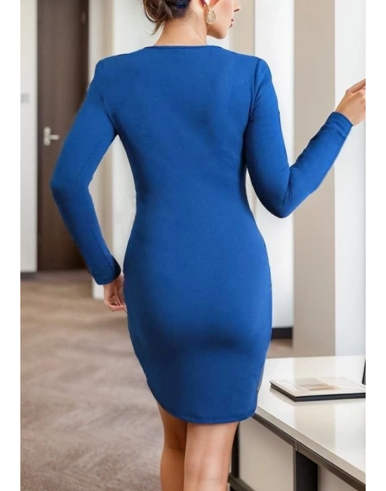 Kadın Uzun Kollu Bisiklet Yaka Etek Ucu Kruvaze Detay Krep Mini Boy Elbise