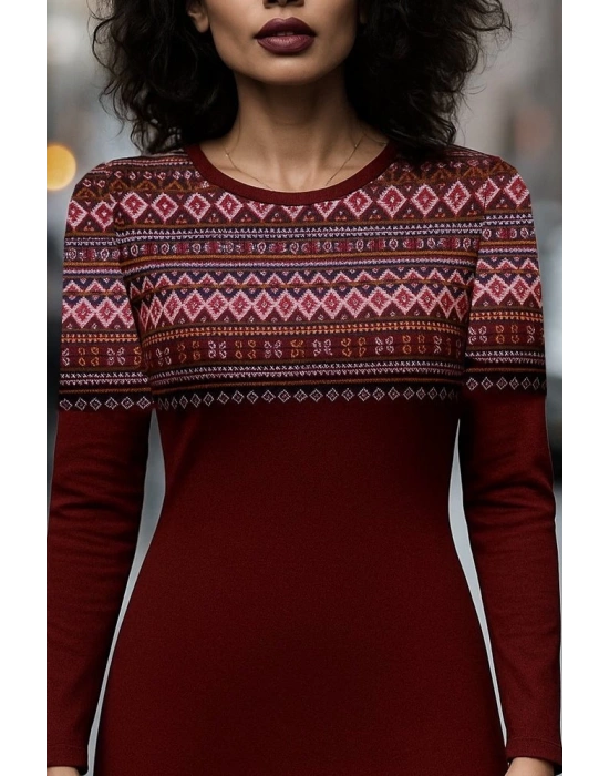 Kadın Uzun Kollu Bisiklet Yaka Etnik Desenli Kısa şardonlu Dalgıç Elbise