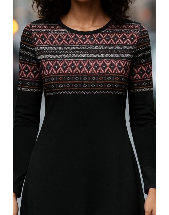 Kadın Uzun Kollu Bisiklet Yaka Etnik Desenli Kısa şardonlu Dalgıç Elbise