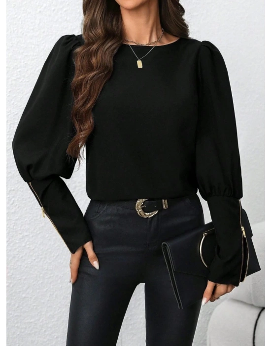 Kadın Uzun Kollu Bisiklet Yaka Fermuar Detaylı Ithal Krep Bluz