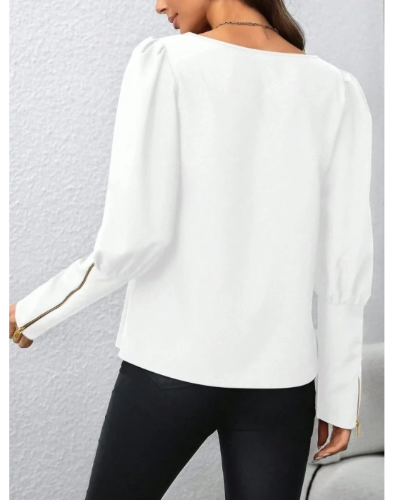 Kadın Uzun Kollu Bisiklet Yaka Fermuar Detaylı Ithal Krep Bluz