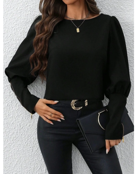 Kadın Uzun Kollu Bisiklet Yaka Fermuar Detaylı Ithal Krep Bluz