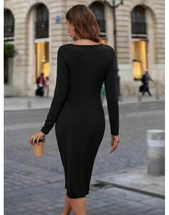 Kadın Uzun Kollu Bisiklet Yaka Fermuar Detaylı Yırtmaçlı Midi Krep Elbise