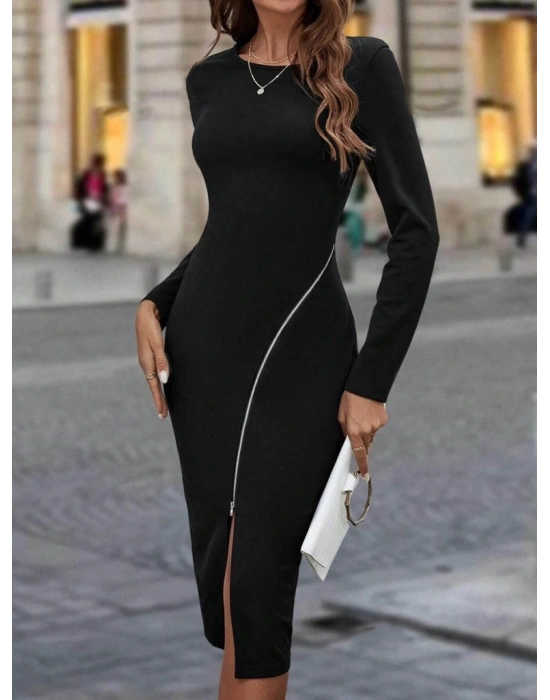 Kadın Uzun Kollu Bisiklet Yaka Fermuar Detaylı Yırtmaçlı Midi Krep Elbise