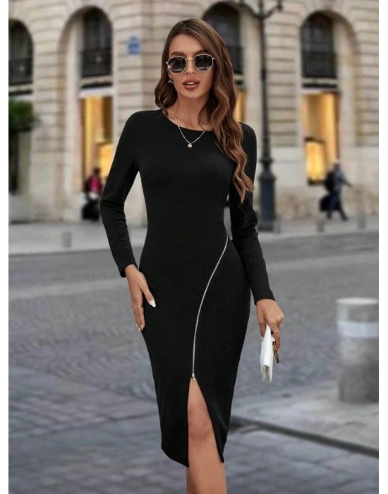 Kadın Uzun Kollu Bisiklet Yaka Fermuar Detaylı Yırtmaçlı Midi Krep Elbise