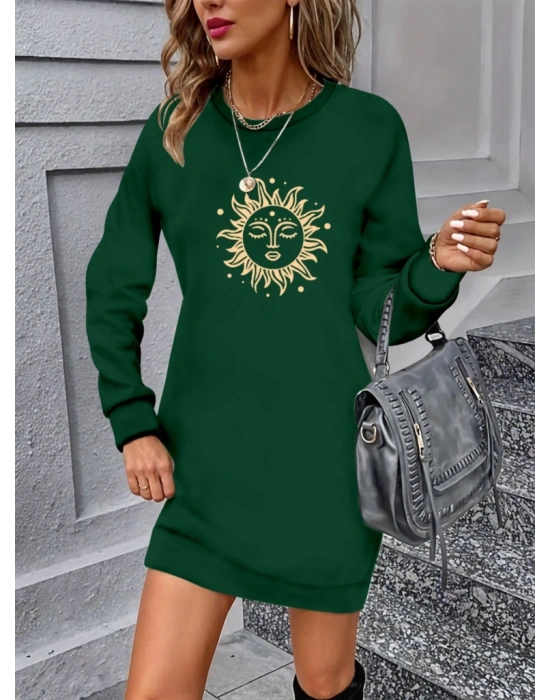 Kadın Uzun Kollu Bisiklet Yaka Güneş Desenli Viskon Iki Iplik Elbise