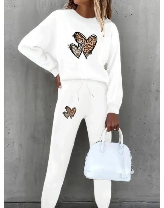 Kadın Uzun Kollu Bisiklet Yaka Kalp Desenli şardonlu üç Iplik Bluz Ve Pantolon Ikili Takım