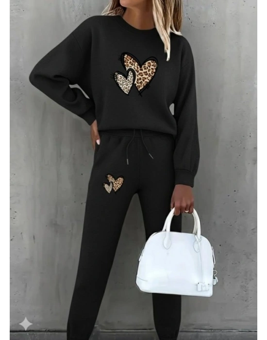 Kadın Uzun Kollu Bisiklet Yaka Kalp Desenli şardonlu üç Iplik Bluz Ve Pantolon Ikili Takım