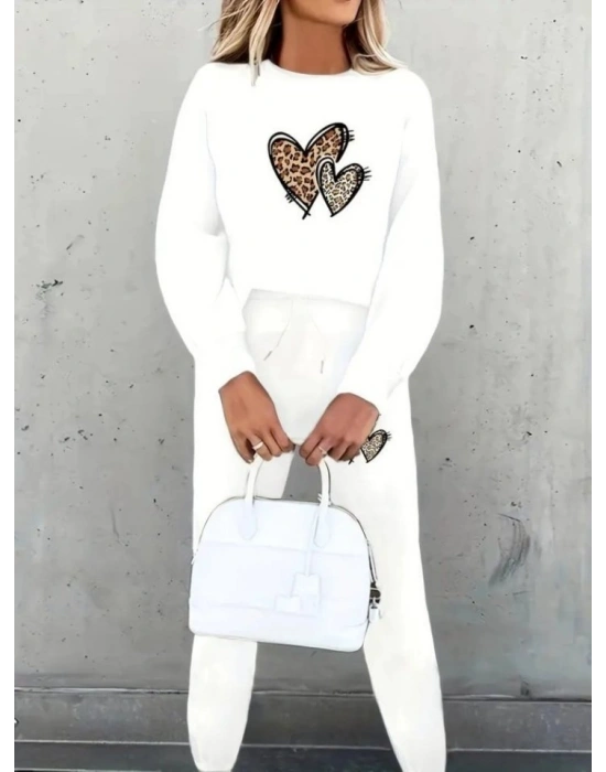 Kadın Uzun Kollu Bisiklet Yaka Kalp Desenli şardonlu üç Iplik Bluz Ve Pantolon Ikili Takım