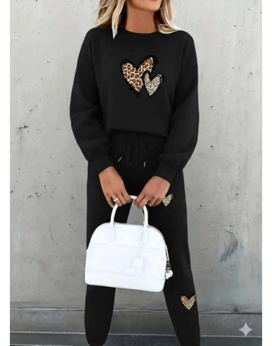 Kadın Uzun Kollu Bisiklet Yaka Kalp Desenli şardonlu üç Iplik Bluz Ve Pantolon Ikili Takım